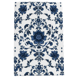 Elegantes viktorianisches Damast-Blumenmuster Navy Mittlere Geschenktüte