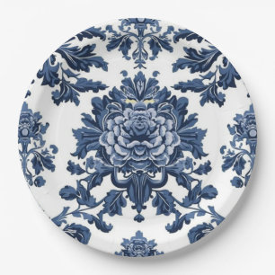 Elegantes viktorianisches Damast-Blumenmuster Navy Pappteller