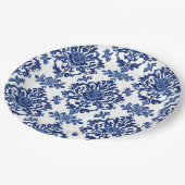 Elegantes viktorianisches Damast-Blumenmuster Navy Pappteller (Schrägansicht)