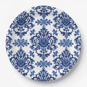 Elegantes viktorianisches Damast-Blumenmuster Navy Pappteller (Vorderseite)