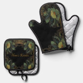 Elegantes viktorianisches, dunkelgrünes Goldgold b Ofenhandschuh & Topflappen-Set (Vorderseite/Rückseite)