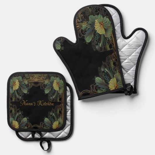 Elegantes viktorianisches, dunkelgrünes Goldgold b Ofenhandschuh & Topflappen-Set (Vorderseite/Rückseite)