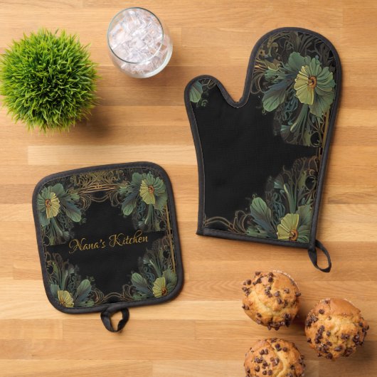 Elegantes viktorianisches, dunkelgrünes Goldgold b Ofenhandschuh & Topflappen-Set (Oben Unten)