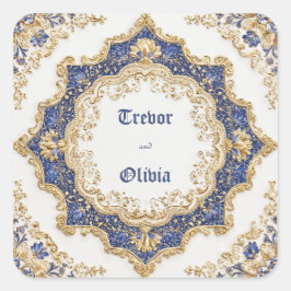 Elegantes Viktorianisches Royal Blue and Gold Baro Quadratischer Aufkleber
