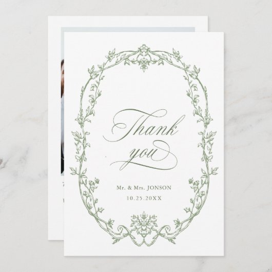 Elegantes Viktorianisches Verziert Sage Green Wedd Dankeskarte (Vorne/Hinten)