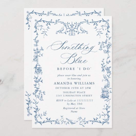 Elegantes Viktorianisches Verziertes blaues Brautp Einladung (Vorne/Hinten)