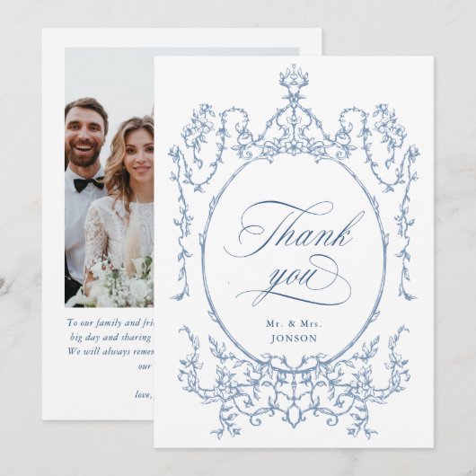 Elegantes Viktorianisches Verziertes Dusty Blue We Dankeskarte (Vorne/Hinten)