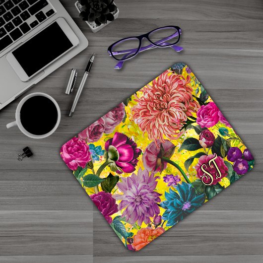 Elegantes Vintag-gelbes florales Monogramm Mousepad
