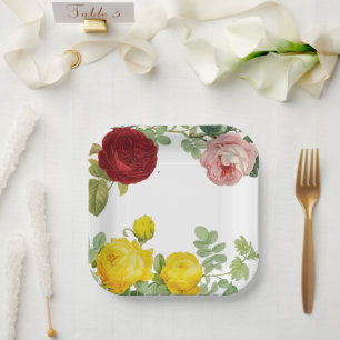Elegantes Vintag-Gelbes Rosa und Hochzeiten von Ro Pappteller