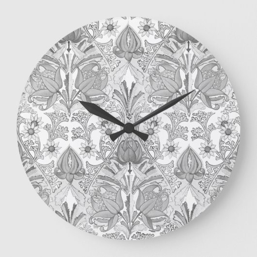 Elegantes Vintag-Graues Weiß-Blume-Muster Große Wanduhr (Vorderseite)