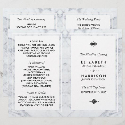 Elegantes Vintag-Marmorhochzeitprogramm (Vorne/Hinten)