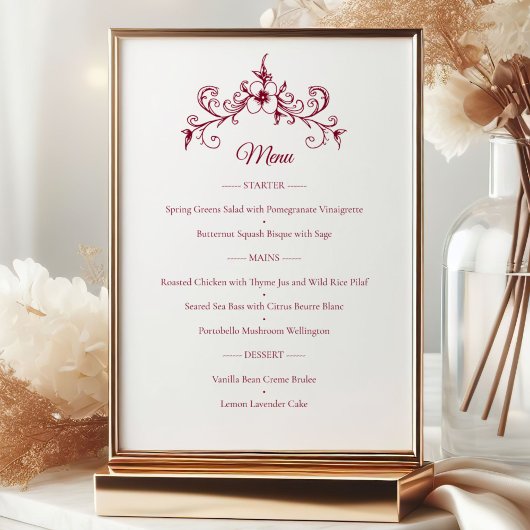 Elegantes Vintag Romance Burgundy Wedding Menu Poster