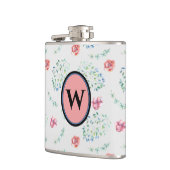 Elegantes Vintag rosa blaues Muster Monogramm Flachmann (Links)