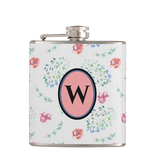 Elegantes Vintag rosa blaues Muster Monogramm Flachmann (Vorderseite)