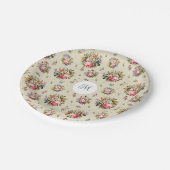 Elegantes Vintag rosa Blumenmuster Monogramm Pappteller (Schrägansicht)