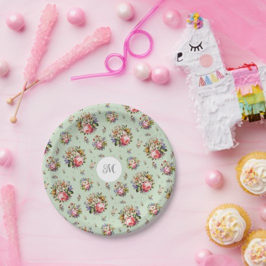Elegantes Vintag rosa Blumenmuster Monogramm Pappteller (Party)
