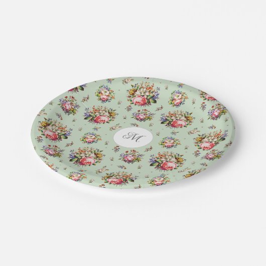 Elegantes Vintag rosa Blumenmuster Monogramm Pappteller (Schrägansicht)