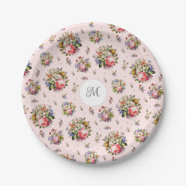 Elegantes Vintag rosa Blumenmuster Monogramm Pappteller