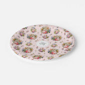 Elegantes Vintag rosa Blumenmuster Monogramm Pappteller (Schrägansicht)
