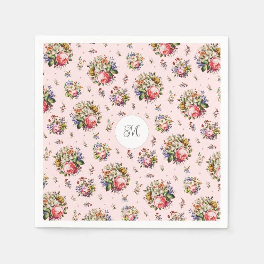 Elegantes Vintag rosa Blumenmuster Monogramm Serviette (Vorderseite)