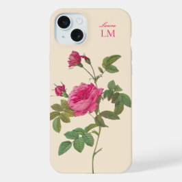 Elegantes Vintag rosa Rose Floral Monogramm iPhone 15 Plus Hülle