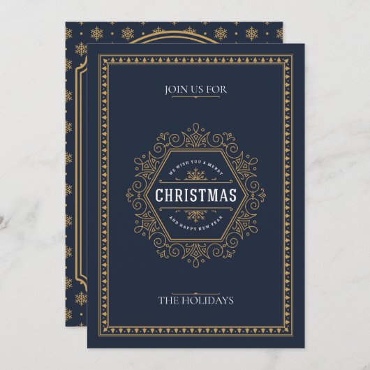 Elegantes Vintag Style Navy Blue Weihnachts-Party Einladung (Vorne/Hinten)