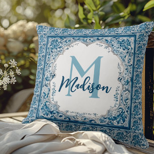 Elegantes Vintage Aqua Blaues Florales Monogramm Kissen