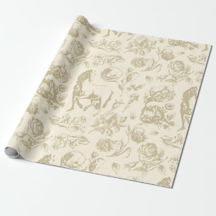 Elegantes Vintage-Beige-Gold-Pferd-Blumenmuster Geschenkpapier