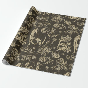Elegantes Vintage-Beige-Gold-Pferd-Blumenmuster Geschenkpapier