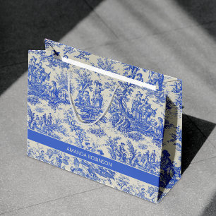 Elegantes Vintage-Blau-Französisches Toile-de-Jouy Große Geschenktüte
