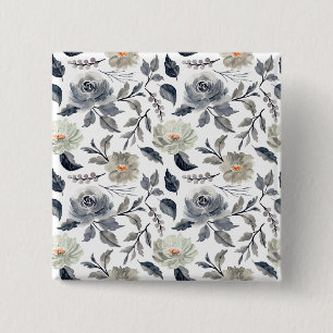 Elegantes, vintage-blau-graues Wasserfarben-Blumen Button