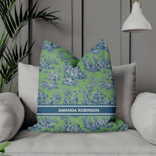 Elegantes Vintage Blau Grün Französische Toile de Kissen