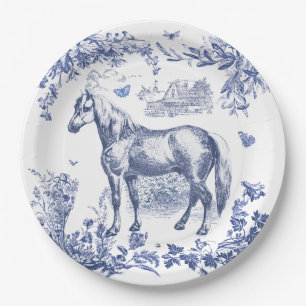Elegantes Vintage Blau Weiß Pferd Blumenmuster Pappteller