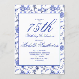 Elegantes Vintage-Blaues-Blumen-75.-Geburtstag-Fra Einladung