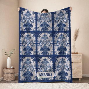 Elegantes vintage-blaues Damast-Wiederholungsmuste Fleecedecke