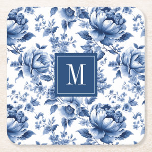 Elegantes vintage-blaues florales Monogramm Rechteckiger Pappuntersetzer