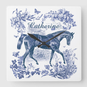 Elegantes Vintage Blaues Pferd Land Toile Name Quadratische Wanduhr