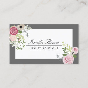 Elegantes Vintage-Blumendesign Weiß/Grau Visitenkarte