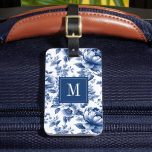 Elegantes Vintage-Blumenmonogramm in Blau Gepäckanhänger