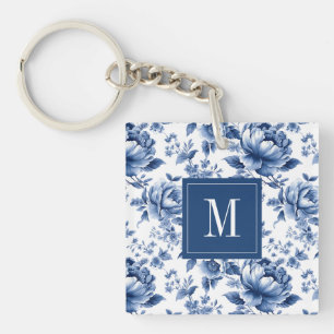 Elegantes Vintage-Blumenmonogramm in Blau Schlüsselanhänger