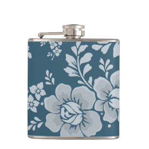 Elegantes Vintage-Blumenmuster in Blau Flachmann
