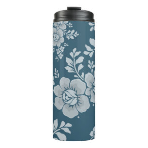 Elegantes Vintage-Blumenmuster in Blau Thermosbecher