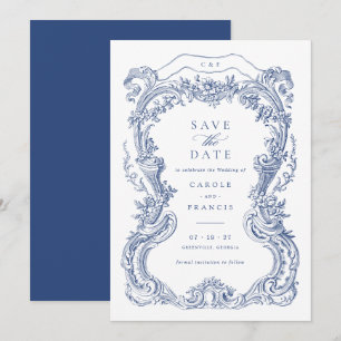 Elegantes Vintage-Blumenmuster in Blau Toile Save- Einladung