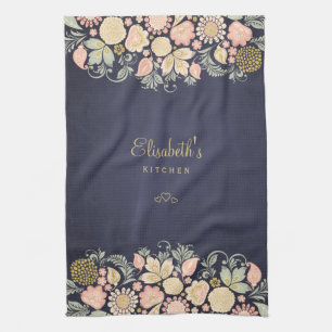 Elegantes vintage Blumenmuster in Navyblau und Pfi Geschirrtuch