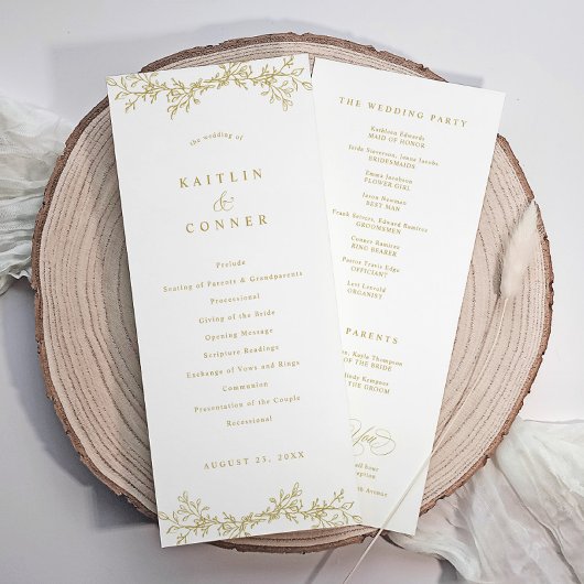 Elegantes Vintage-Botanik-Hochzeitsprogramm in Gol Programm