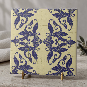 Elegantes vintage Damast navy Blau gelbes Monogram Fliese