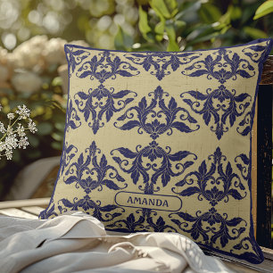 Elegantes vintage Damast navy Blau gelbes Monogram Kissen