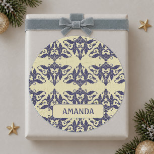 Elegantes vintage Damast navy Blau gelbes Monogram Runder Aufkleber