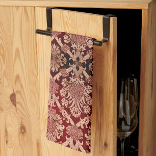 Elegantes Vintage Dunkelrot Beige Damastgewebe Geschirrtuch