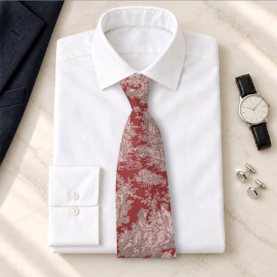 Elegantes Vintage Dunkelrotes Toile-de-Jouy-Muster Krawatte